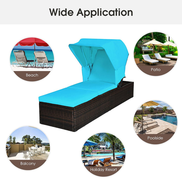 2PCS Patio Rattan Lounge Chair Chaise Cushioned Top Canopy Adjustable Turquoise Image 4