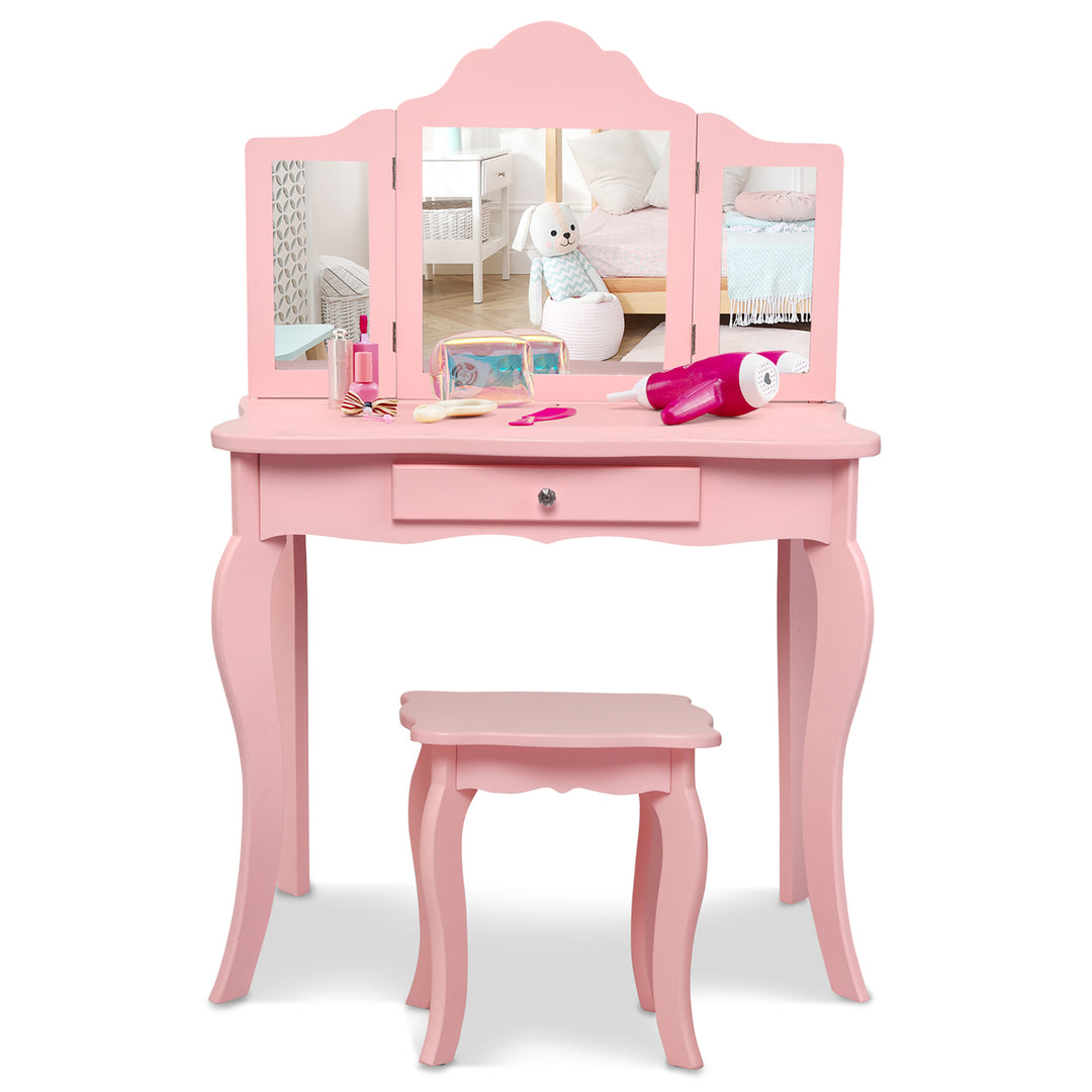 Kids Vanity Table and Stool Princess Dressing Make Up Play Set for Girls Pink Image 2