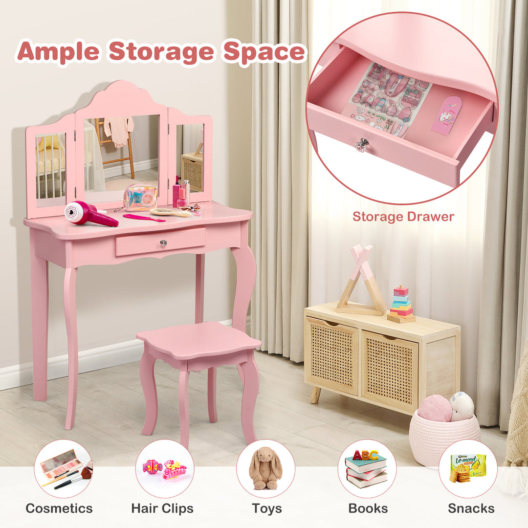 Kids Vanity Table and Stool Princess Dressing Make Up Play Set for Girls Pink Image 3