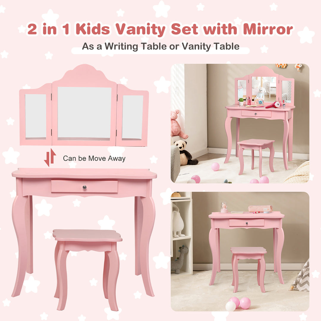 Kids Vanity Table and Stool Princess Dressing Make Up Play Set for Girls Pink Image 4