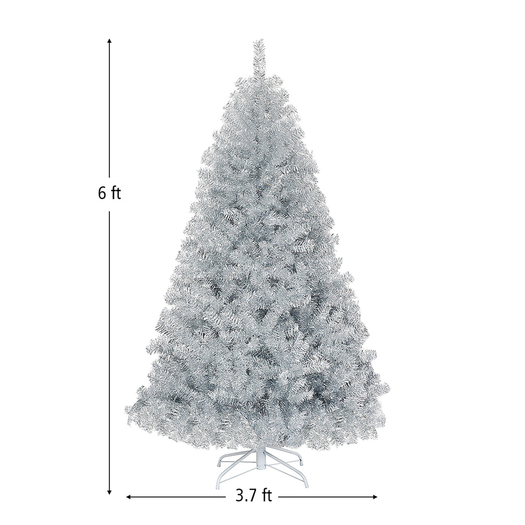 6Ft Hinged Unlit Artificial Silver Tinsel Christmas Tree Holiday w/Metal Stand Image 5