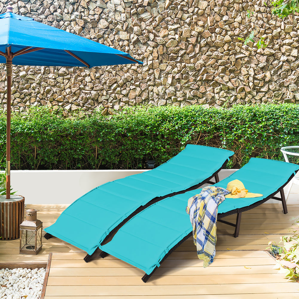 2PCS Patio Rattan Folding Lounge Chair Chaise Double Sided Cushion Turquoise Image 2