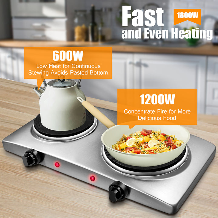 1800W Double Hot Plate Electric Countertop Burner Stainless Steel 5 Power Levels Image 4