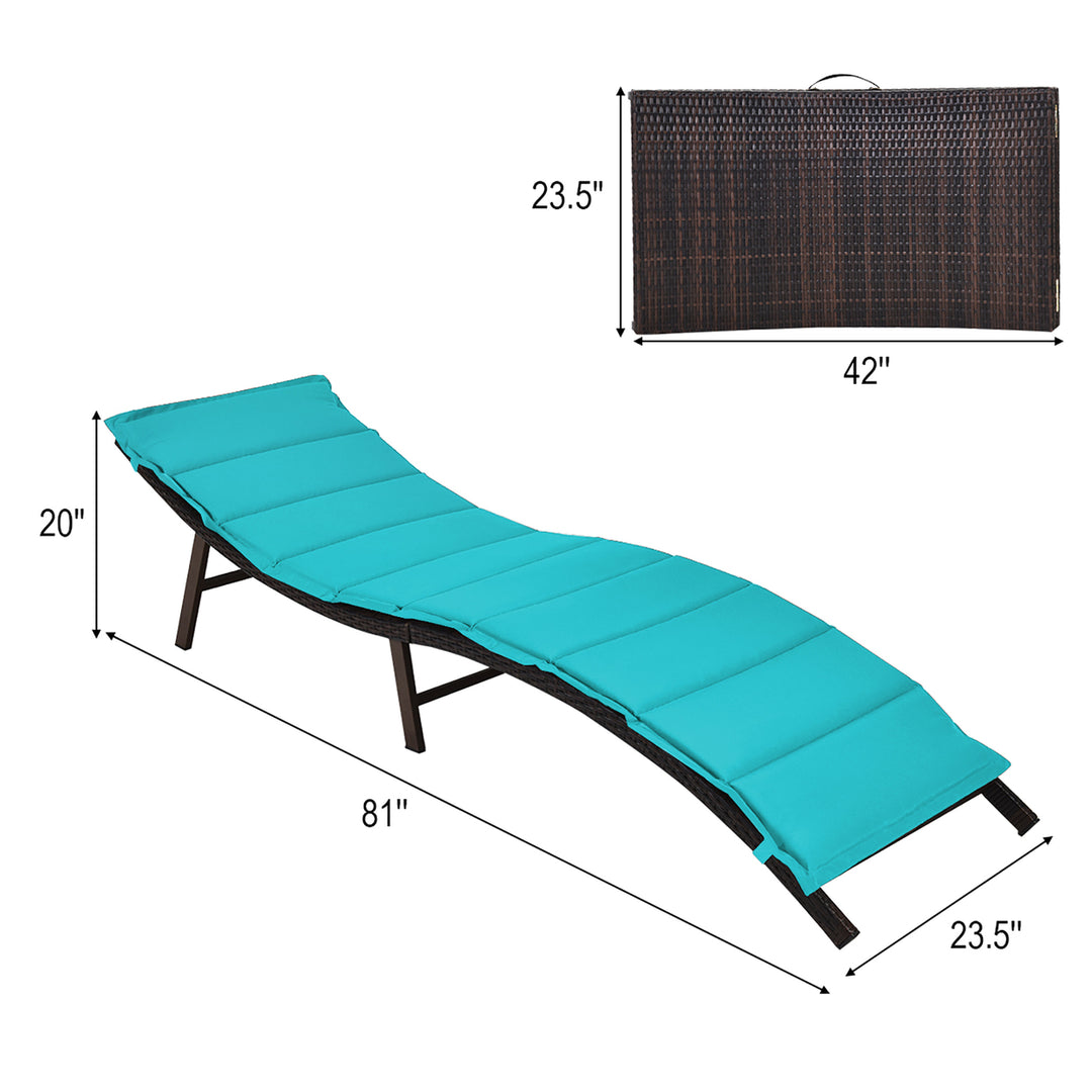 2PCS Patio Rattan Folding Lounge Chair Chaise Double Sided Cushion Turquoise Image 3