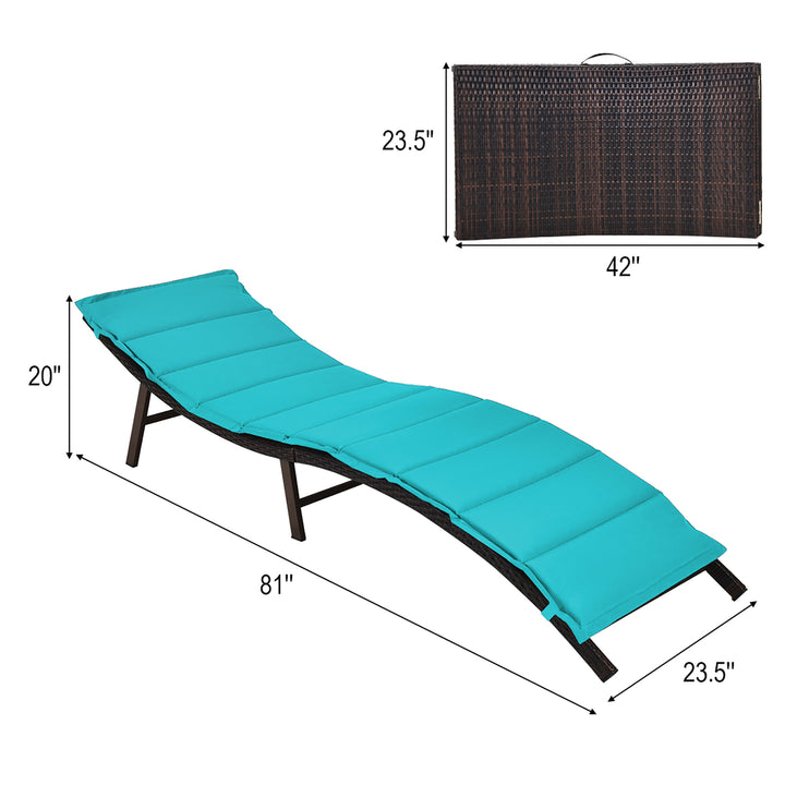 2PCS Patio Rattan Folding Lounge Chair Chaise Double Sided Cushion Turquoise Image 3