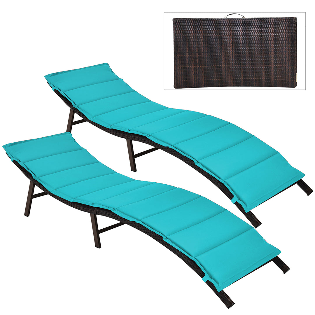 2PCS Patio Rattan Folding Lounge Chair Chaise Double Sided Cushion Turquoise Image 4