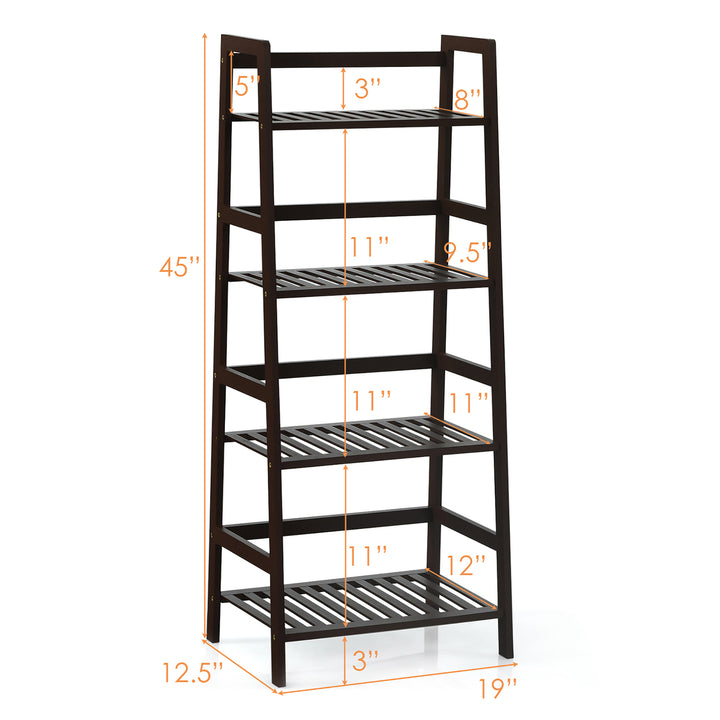 4-Tier Bamboo Ladder Shelf Plant Display Stand Rack Bookshelf Dark Brown Image 3