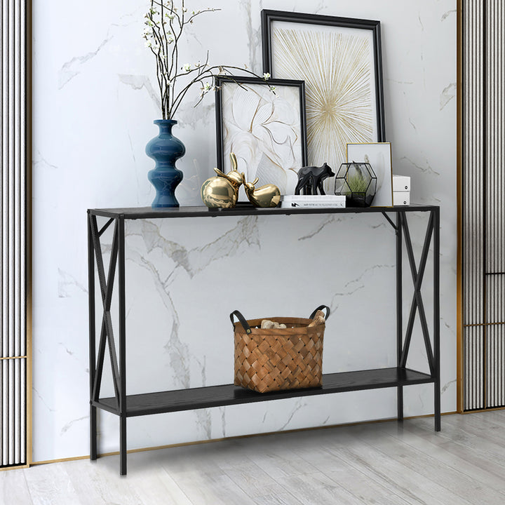 2 Tier Console Table Narrow Accent Side Entryway Table Metal Frame Black Image 2