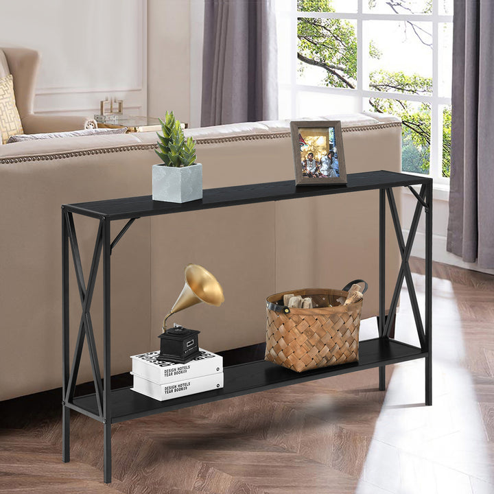 2 Tier Console Table Narrow Accent Side Entryway Table Metal Frame Black Image 3