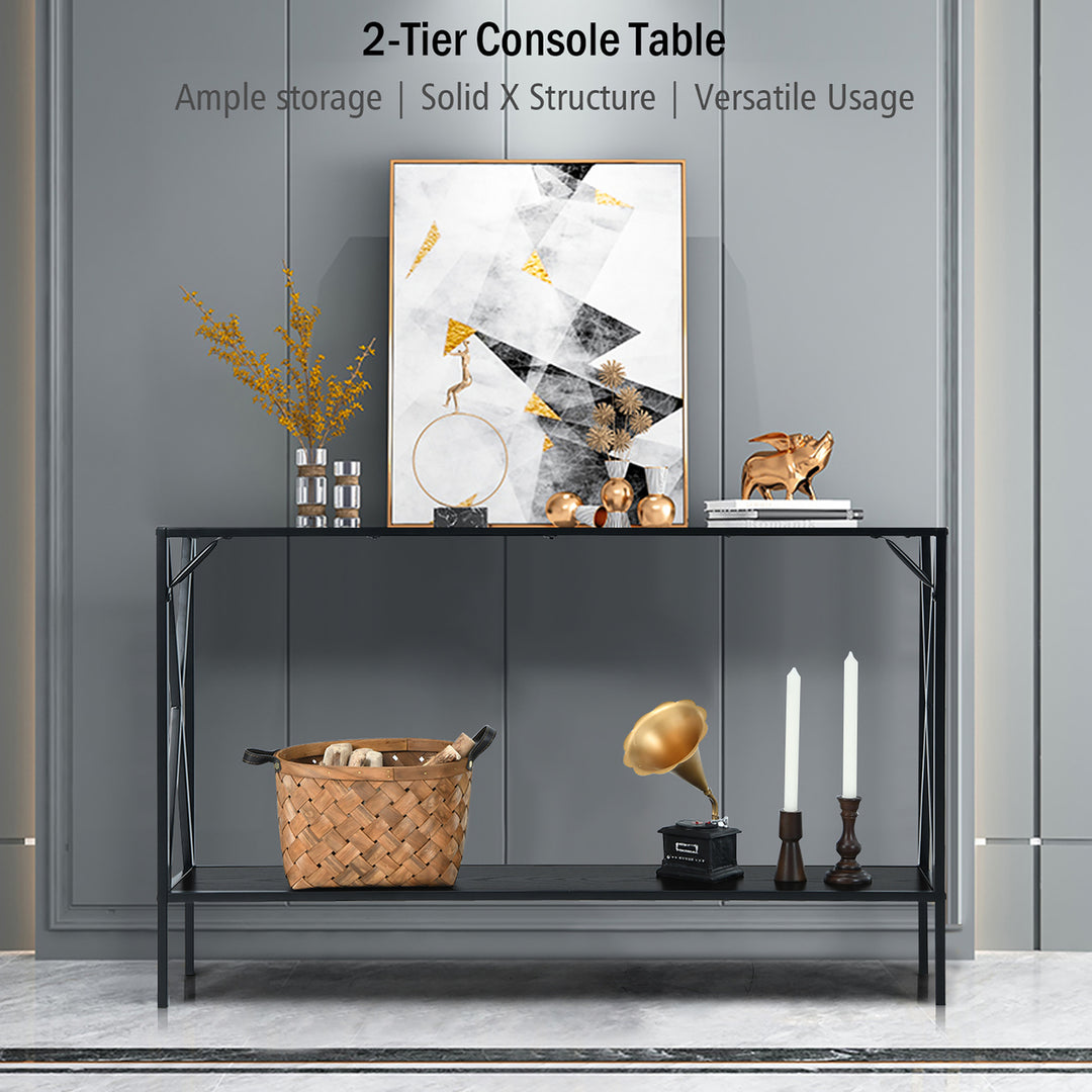 2 Tier Console Table Narrow Accent Side Entryway Table Metal Frame Black Image 5