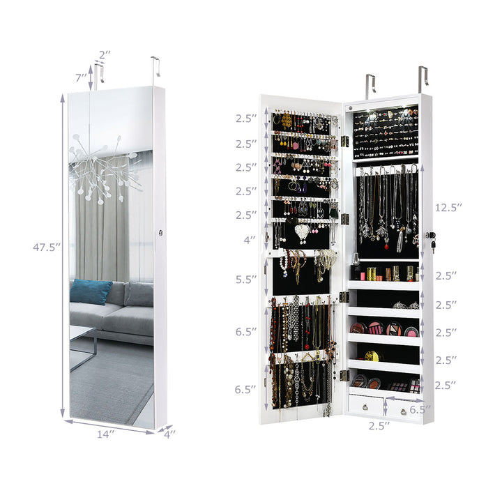 Mirrored Jewelry Cabinet Jewelry Organizer w/2 LED Lights White Image 4