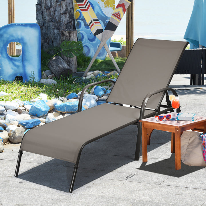 Outdoor Patio Lounge Chair Chaise Fabric Adjustable Reclining Armrest Pool Brown Image 4