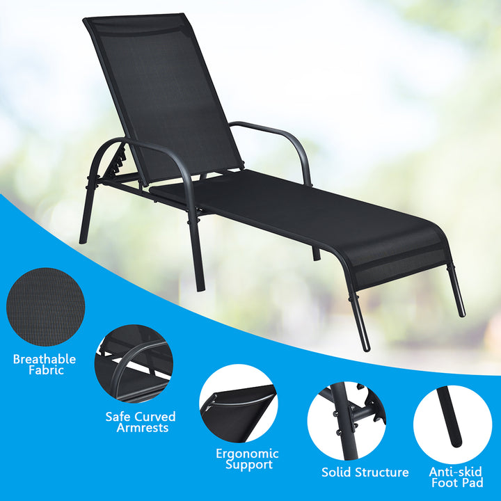 2PCS Outdoor Patio Lounge Chair Chaise Fabric Adjustable Reclining Armrest Black Image 4