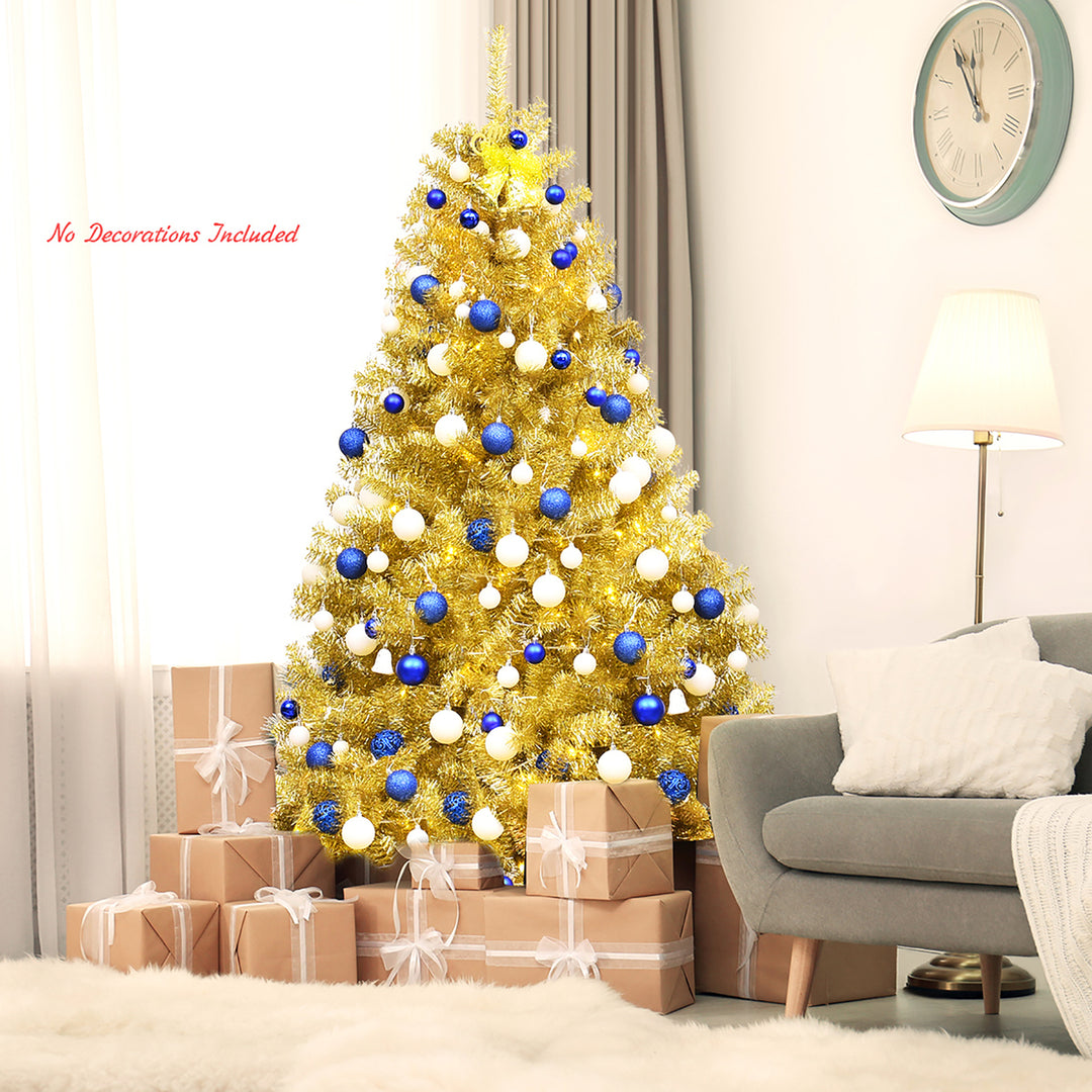 6ft Artificial Tinsel Christmas Tree Hinged w/1036 Tips Foldable Stand Champagne Image 2