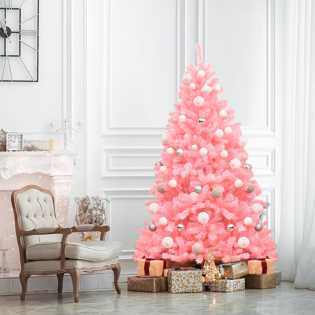 6Ft Hinged Artificial Christmas Tree Full Fir Tree PVC w/ Metal Stand Pink Image 2