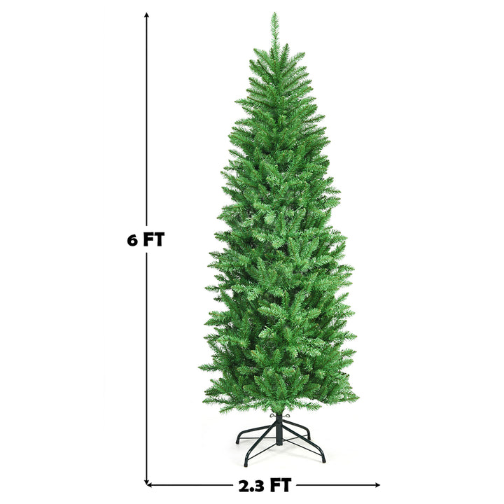 6Ft Pre-lit Artificial Pencil Christmas Tree Hinged Fir PVC Tree /250 LED Lights Image 5