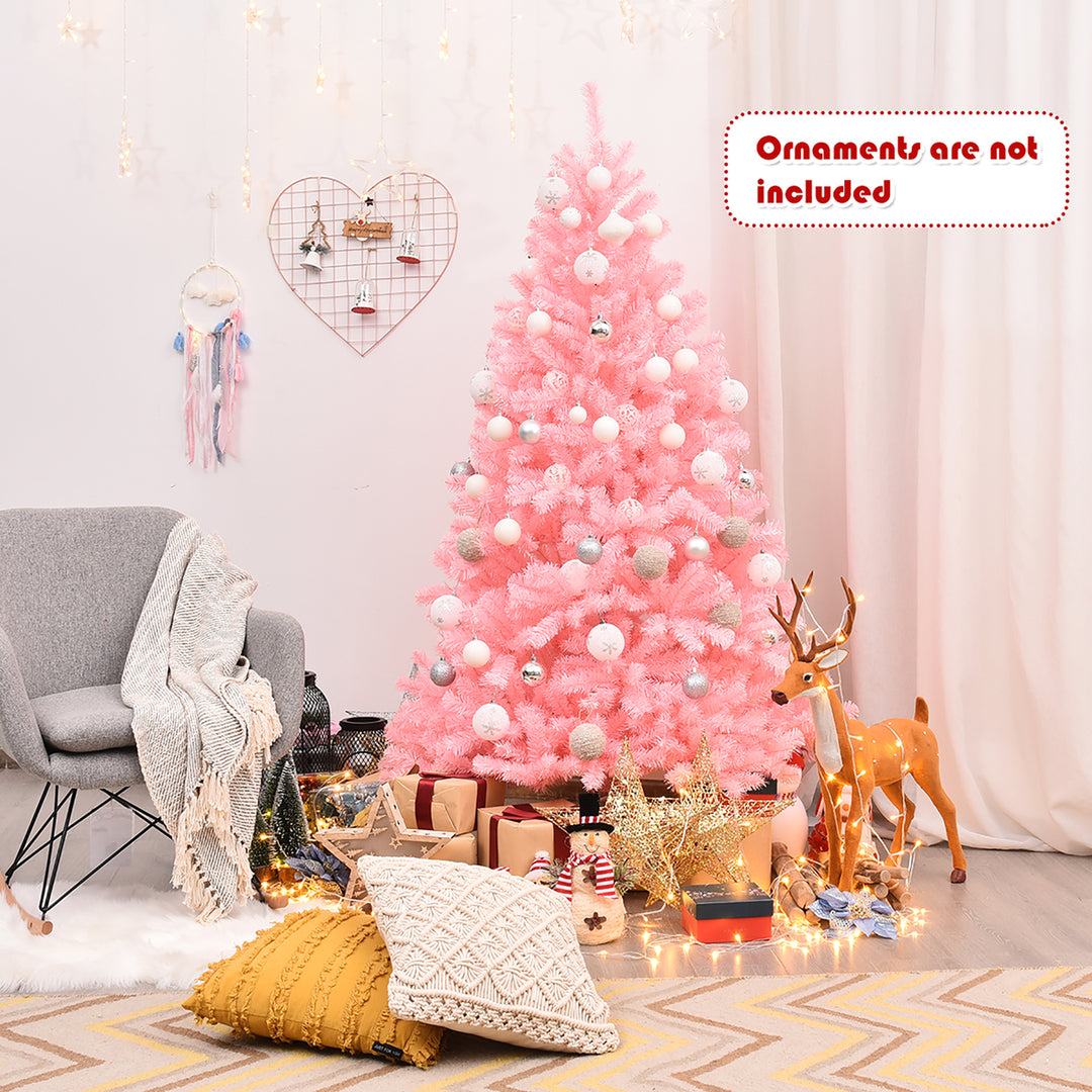 6Ft Hinged Artificial Christmas Tree Full Fir Tree PVC w/ Metal Stand Pink Image 4