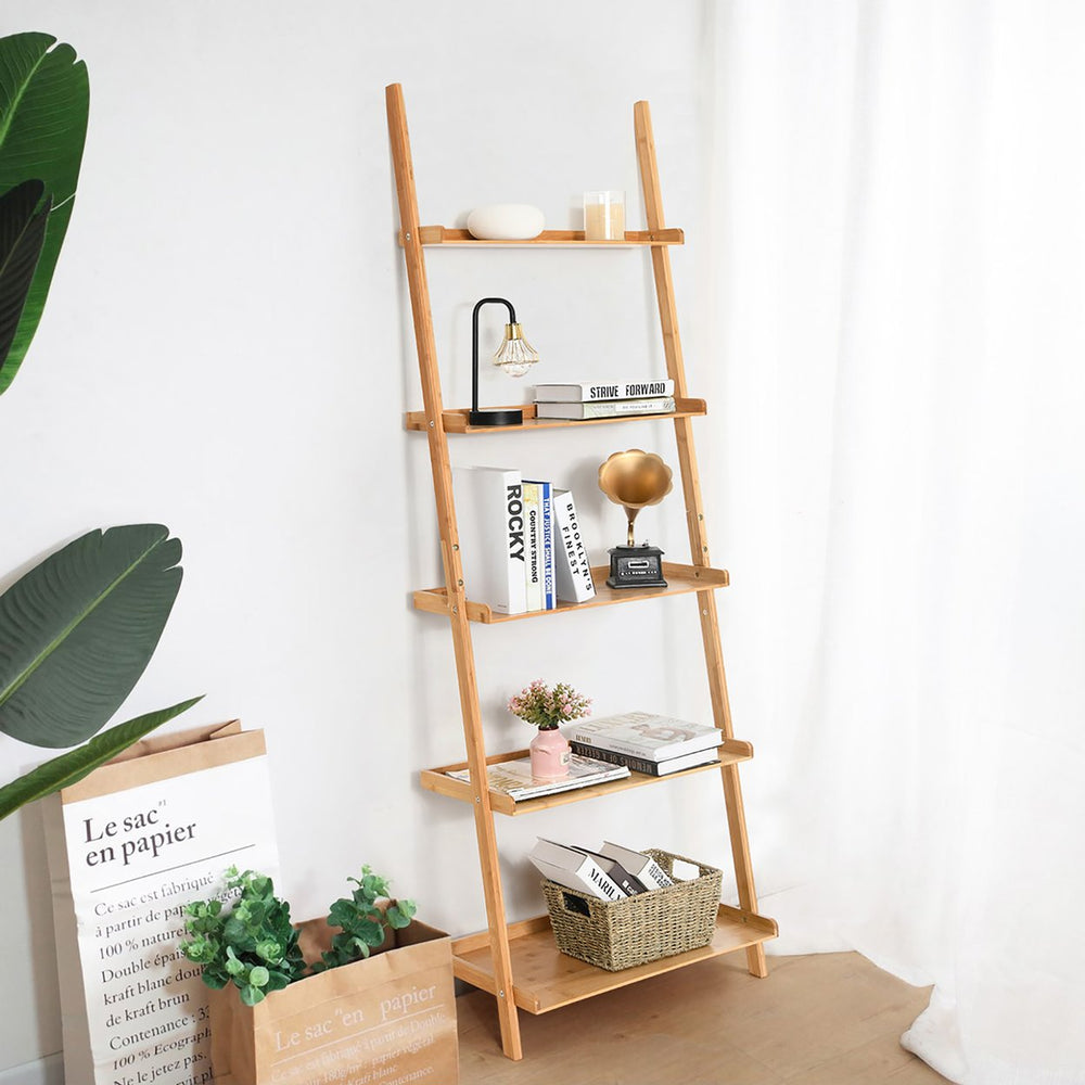 5-Tier Ladder Shelf Bamboo Bookshelf Wall-Leaning Storage Display Plant Stand Image 2