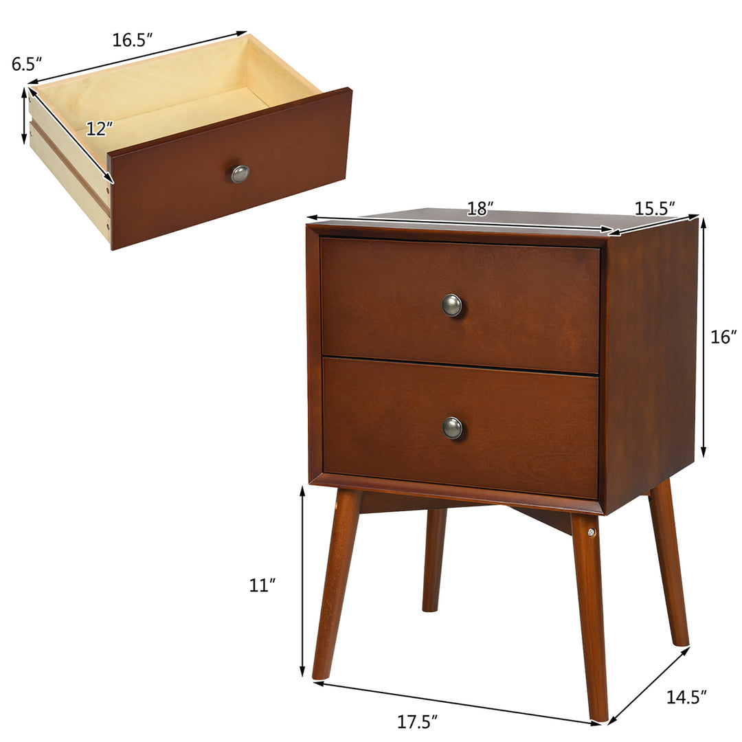 2PCS Nightstand Mid-Century End Side Table 2 Drawer Rubber Wood Legs Living Room Image 2