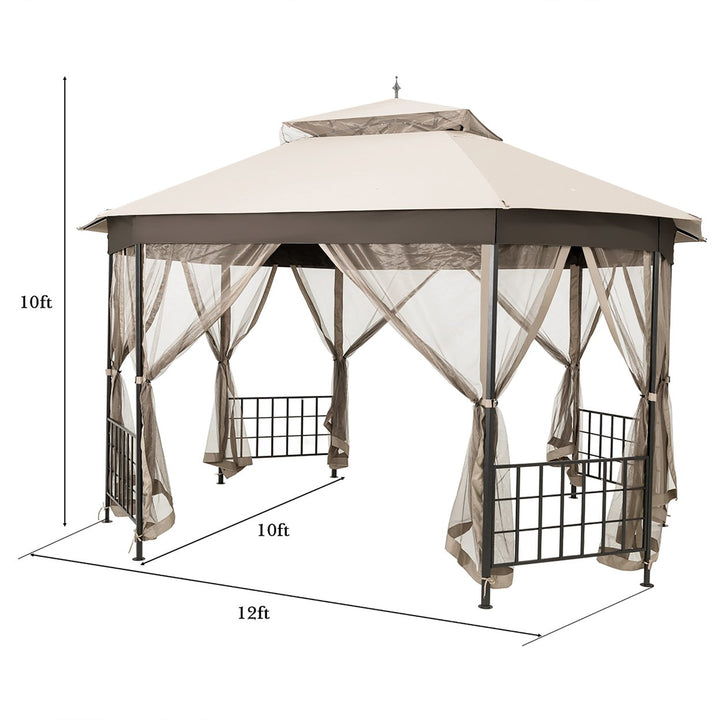 10x12 Patio Gazebo Canopy Shelter Double Top Netting Sidewalls Beige Image 2