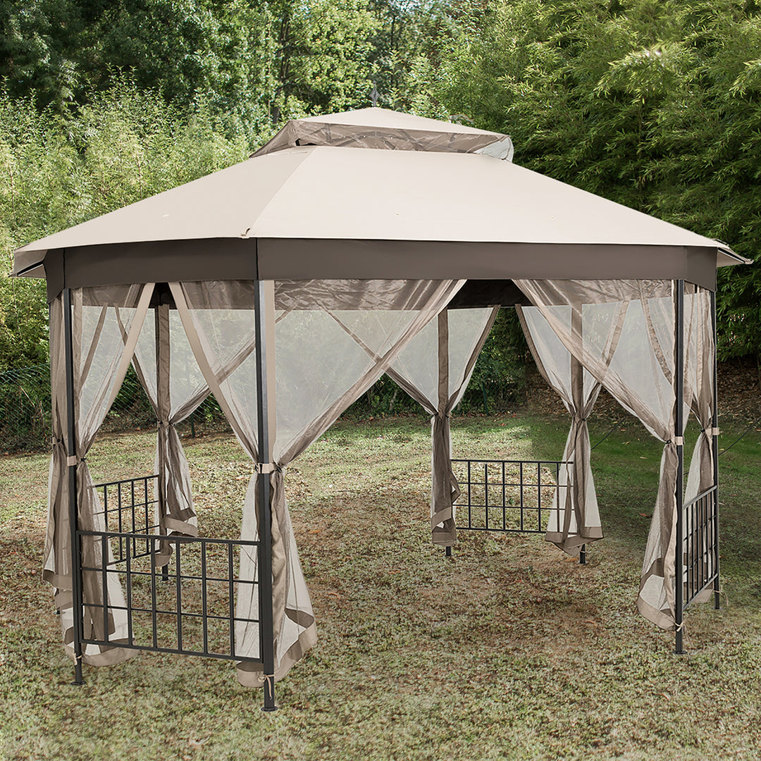 10x12 Patio Gazebo Canopy Shelter Double Top Netting Sidewalls Beige Image 4