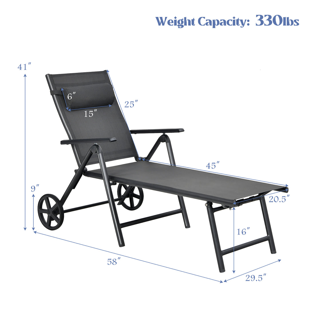 Patio Lounge Chair W/ Wheels Neck Pillow Aluminum Frame Adjustable Image 2