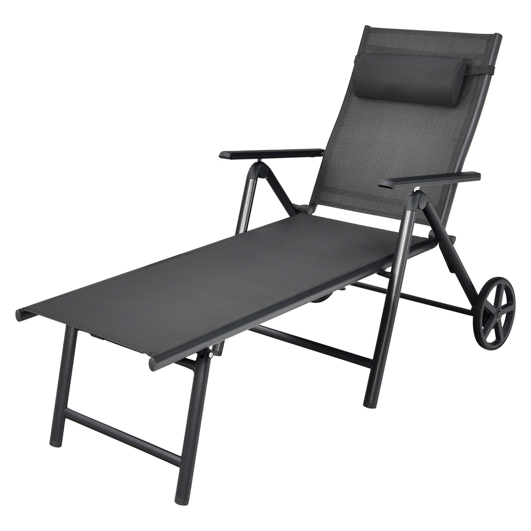 Patio Lounge Chair W/ Wheels Neck Pillow Aluminum Frame Adjustable Image 3