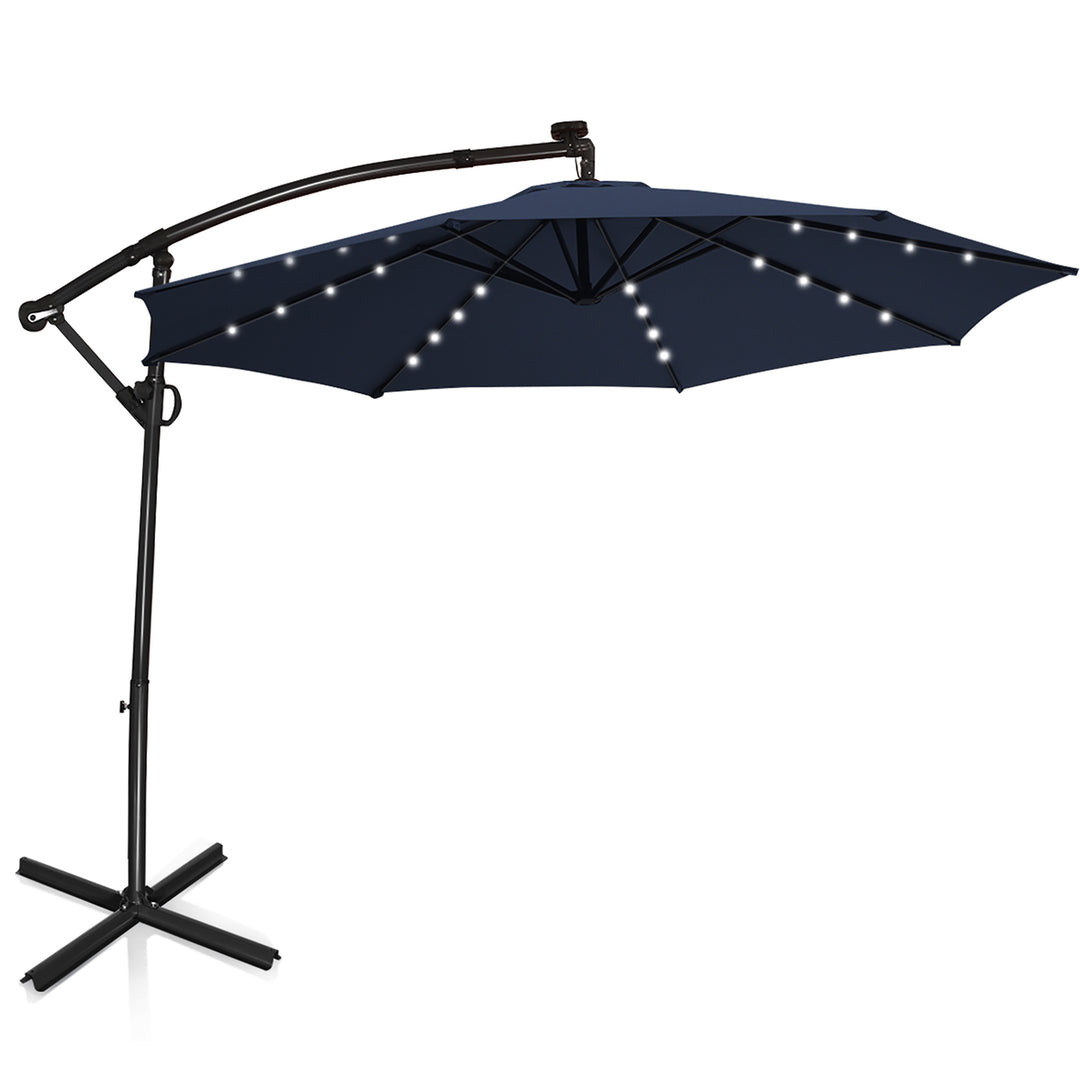 10FT Patio Offset Umbrella Solar Powered LED 360Degree Rotation Aluminum Navy Image 2