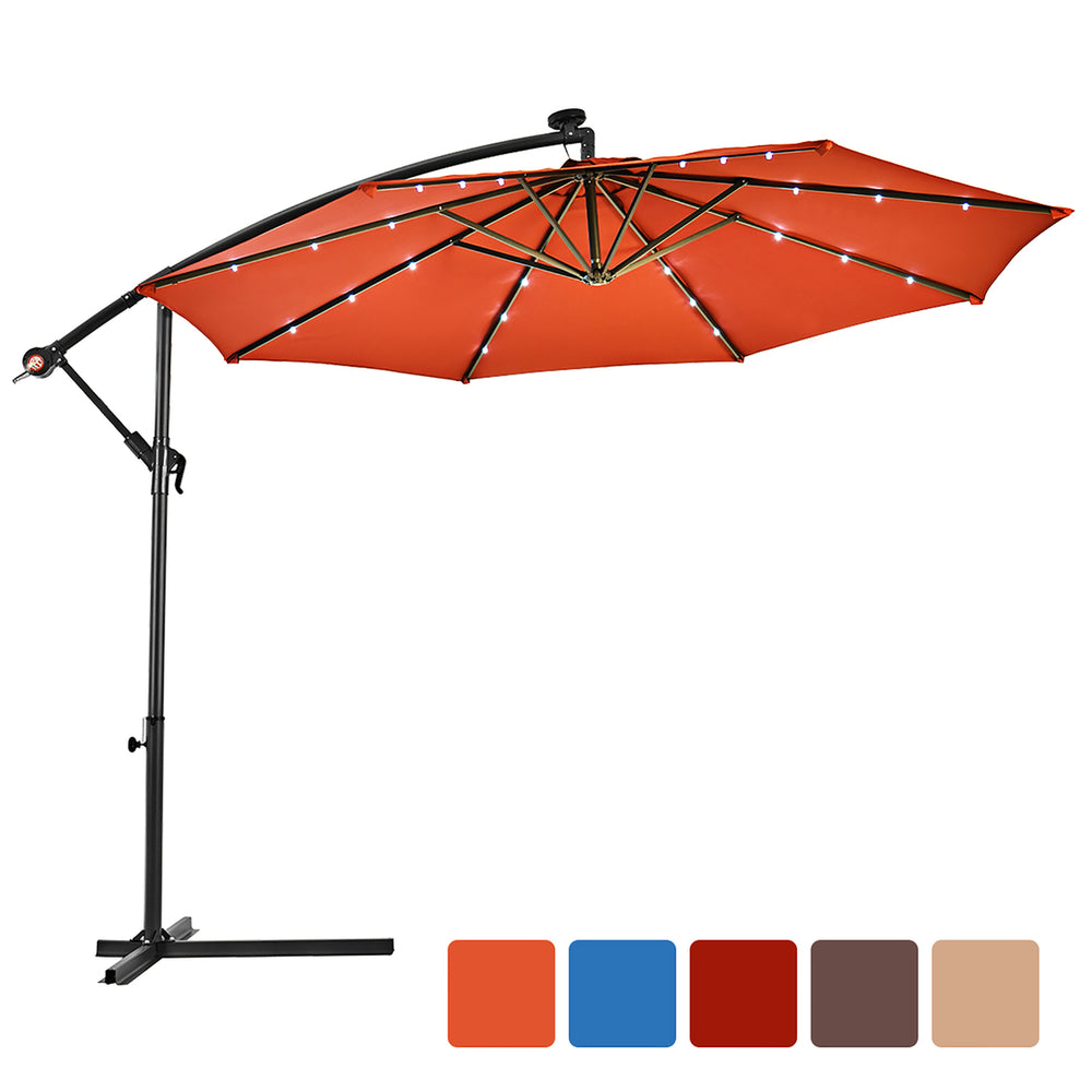 10 Hanging Solar LED Umbrella Patio Sun Shade Offset Market W/Base Orange Image 2