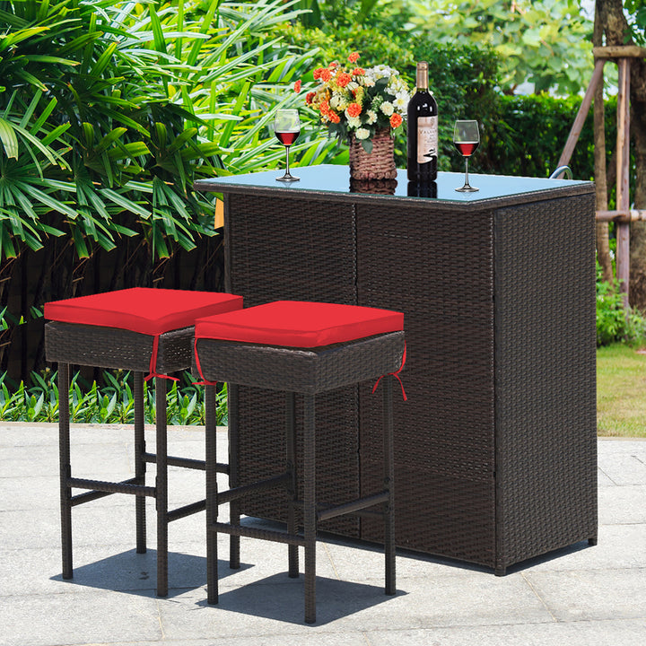 3PCS Patio Rattan Wicker Bar Table Stools Dining Set Cushioned Chairs Garden Red Image 2