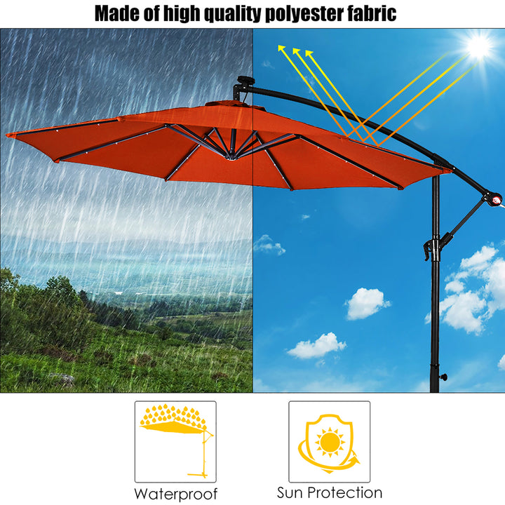 10 Hanging Solar LED Umbrella Patio Sun Shade Offset Market W/Base Orange Image 5