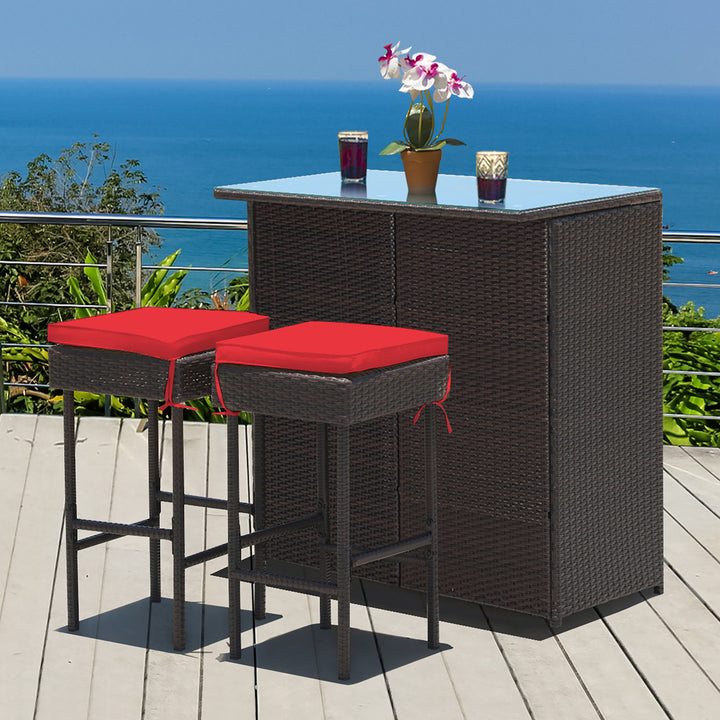 3PCS Patio Rattan Wicker Bar Table Stools Dining Set Cushioned Chairs Garden Red Image 4