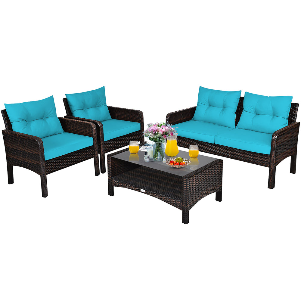 4PCS Patio Rattan Furniture Set Loveseat Sofa Coffee Table W/Turquoise Cushion Image 2