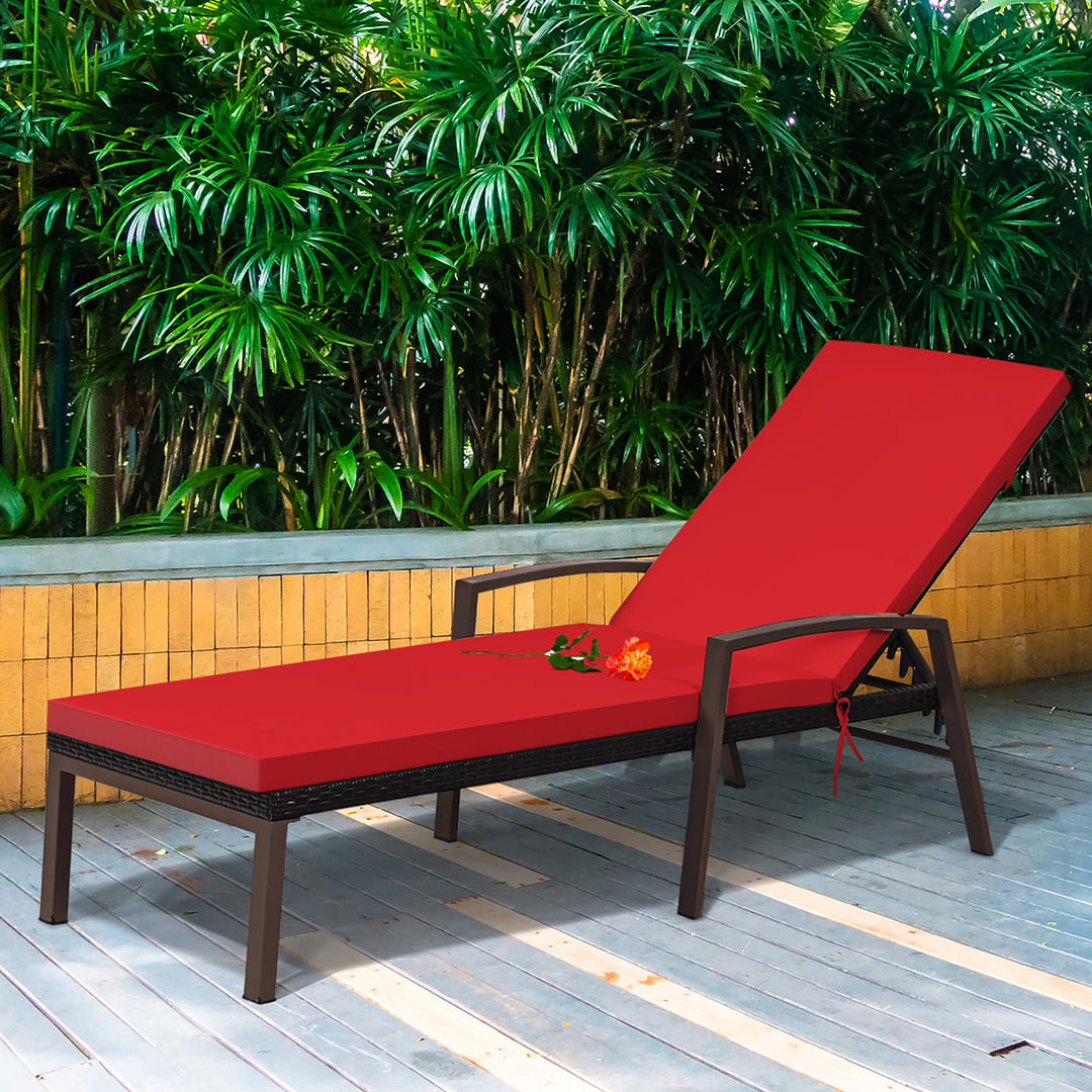 Patio Rattan Lounge Chair Chaise Recliner Back Adjustable Cushioned Outdoor Red Image 3