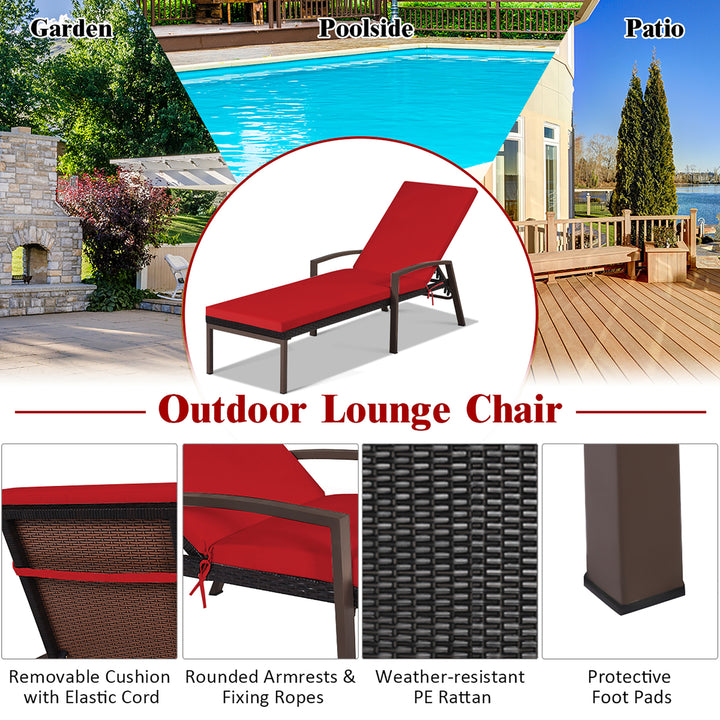 Patio Rattan Lounge Chair Chaise Recliner Back Adjustable Cushioned Outdoor Red Image 5