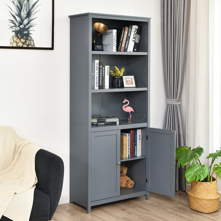 Bookcase Shelving Storage Wooden Cabinet Unit Standing Bookcase W/Doors Gray Image 3