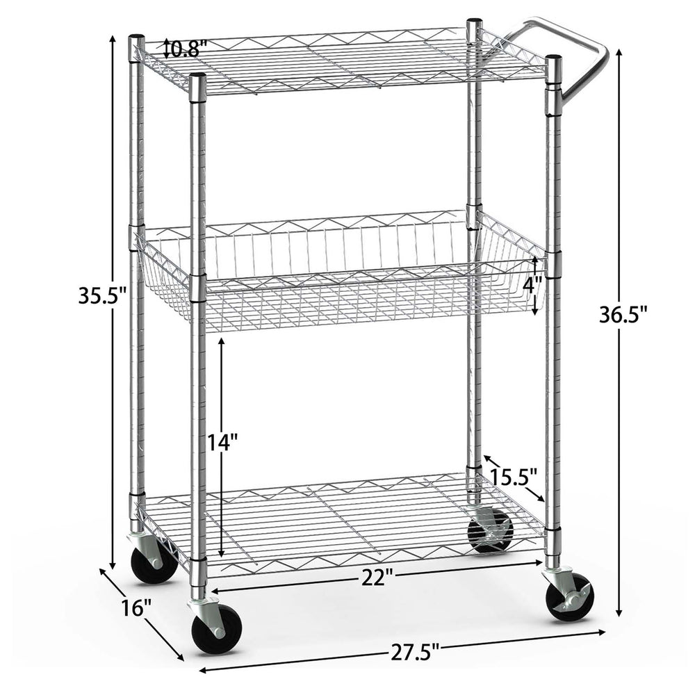 3-Tier Utility Cart Heavy Duty Wire Rolling Cart w/Handle Bar Storage Trolley Image 2