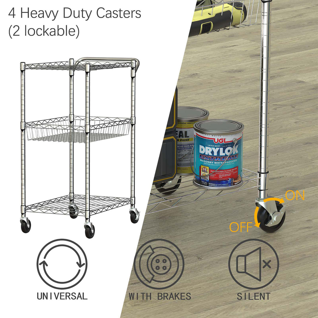 3-Tier Utility Cart Heavy Duty Wire Rolling Cart w/Handle Bar Storage Trolley Image 3