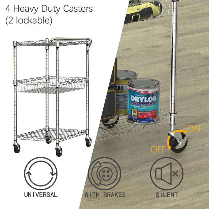 3-Tier Utility Cart Heavy Duty Wire Rolling Cart w/Handle Bar Storage Trolley Image 3