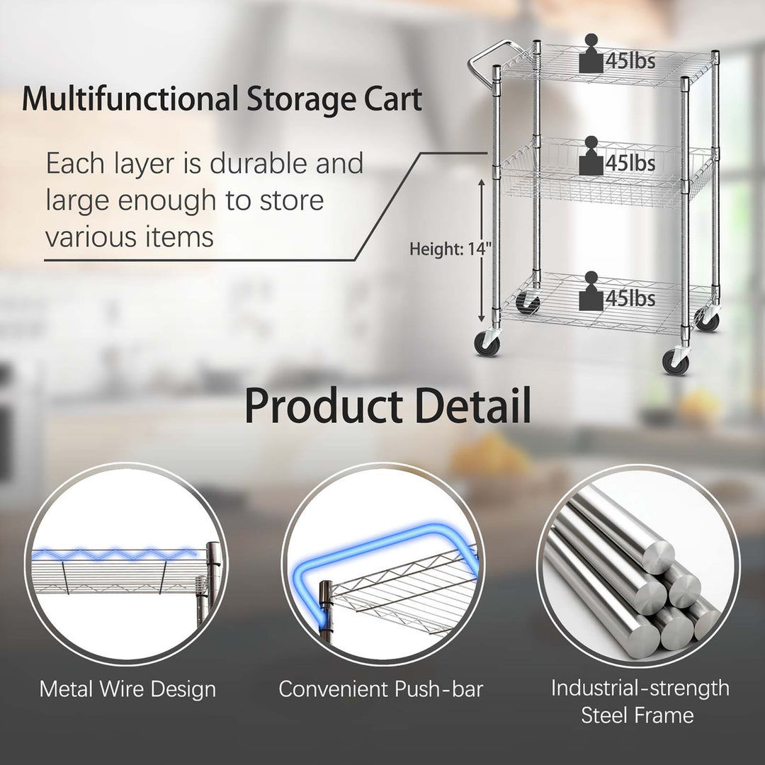 3-Tier Utility Cart Heavy Duty Wire Rolling Cart w/Handle Bar Storage Trolley Image 4