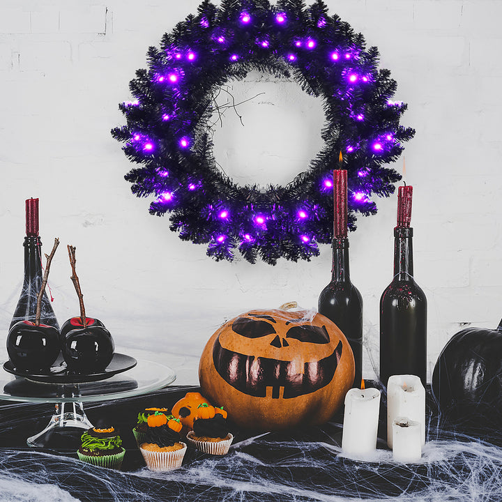 24inch Pre-lit Christmas Halloween Wreath Black w/ 35 Purple LED Lights Image 2