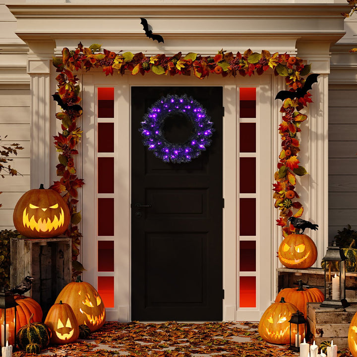 24inch Pre-lit Christmas Halloween Wreath Black w/ 35 Purple LED Lights Image 3