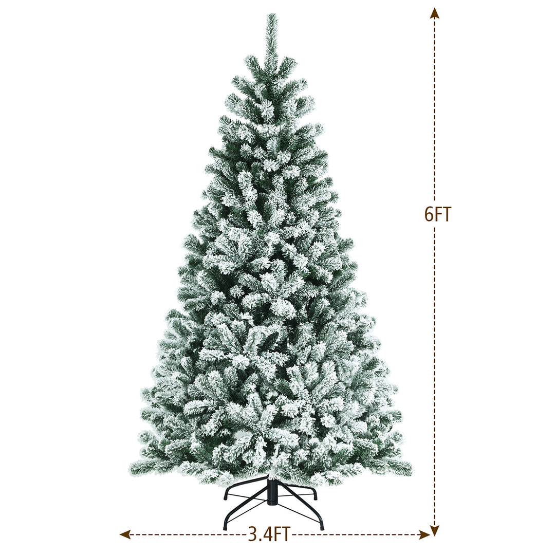 6ft Pre-lit Snow Flocked Hinged Christmas Tree w/ 928 Tips and Metal Stand Image 4