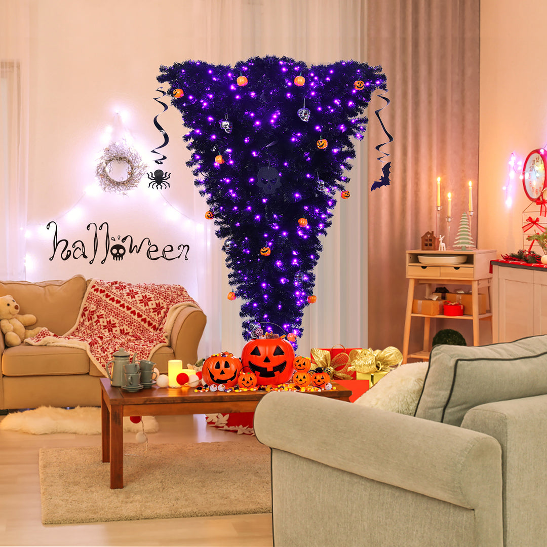 6ft Upside Down Christmas Halloween Tree Black w/270 Purple LED Lights Image 2