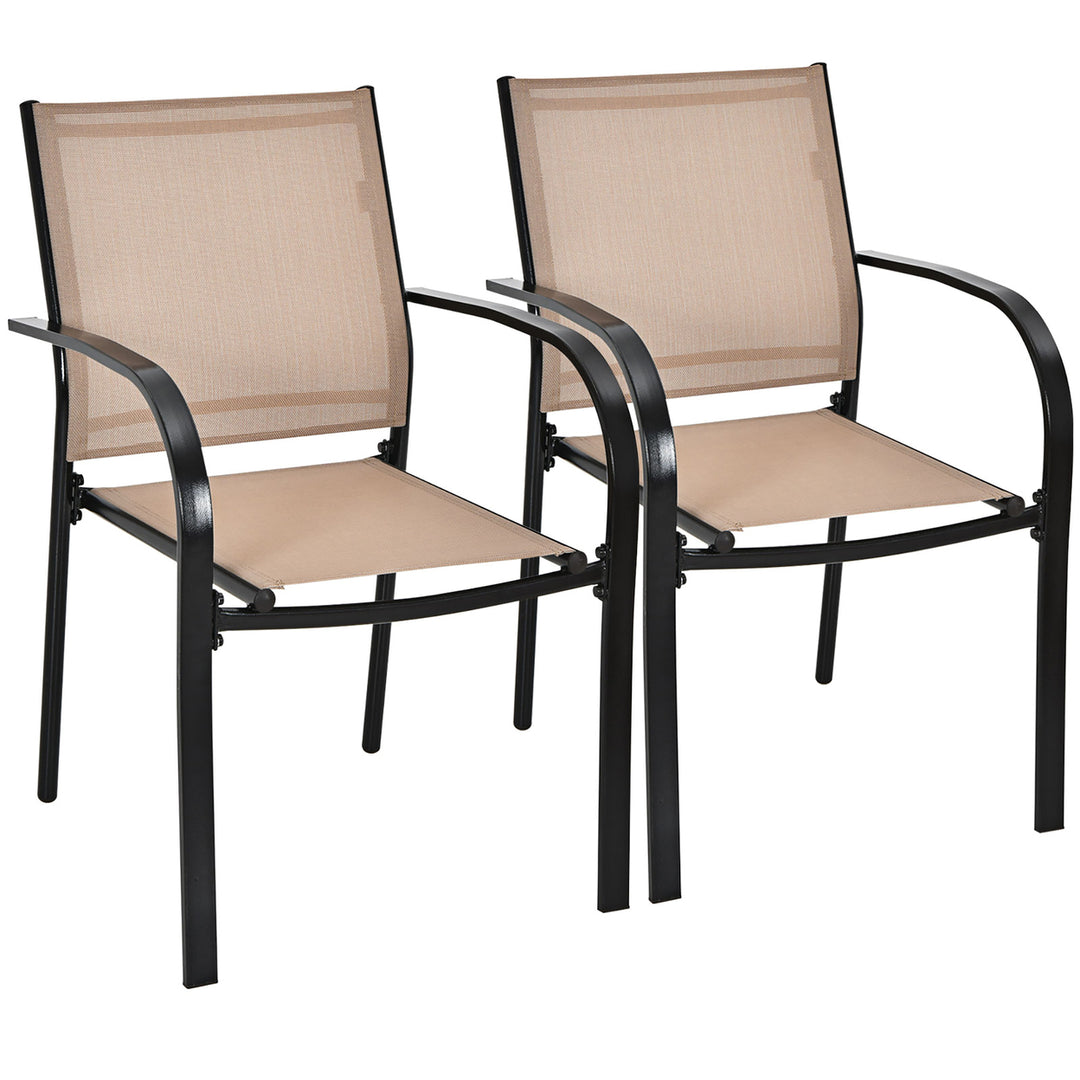 Set of 2 Patio Dining Chairs Stackable with Armrests Garden Deck Brown Image 3