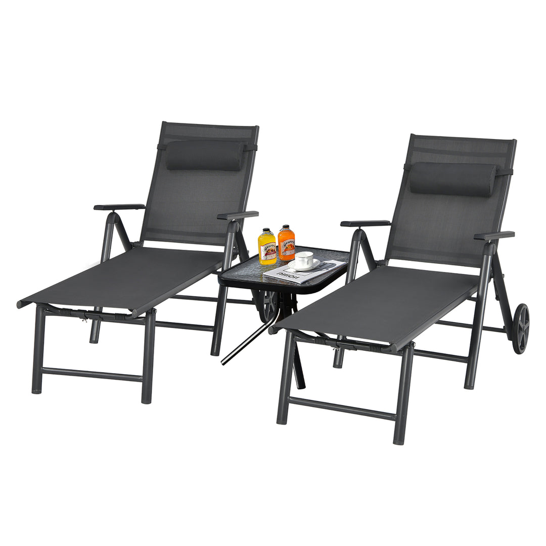 2PCS Patio Lounge Chair W/ Wheels Neck Pillow Aluminum Frame Adjustable Image 3