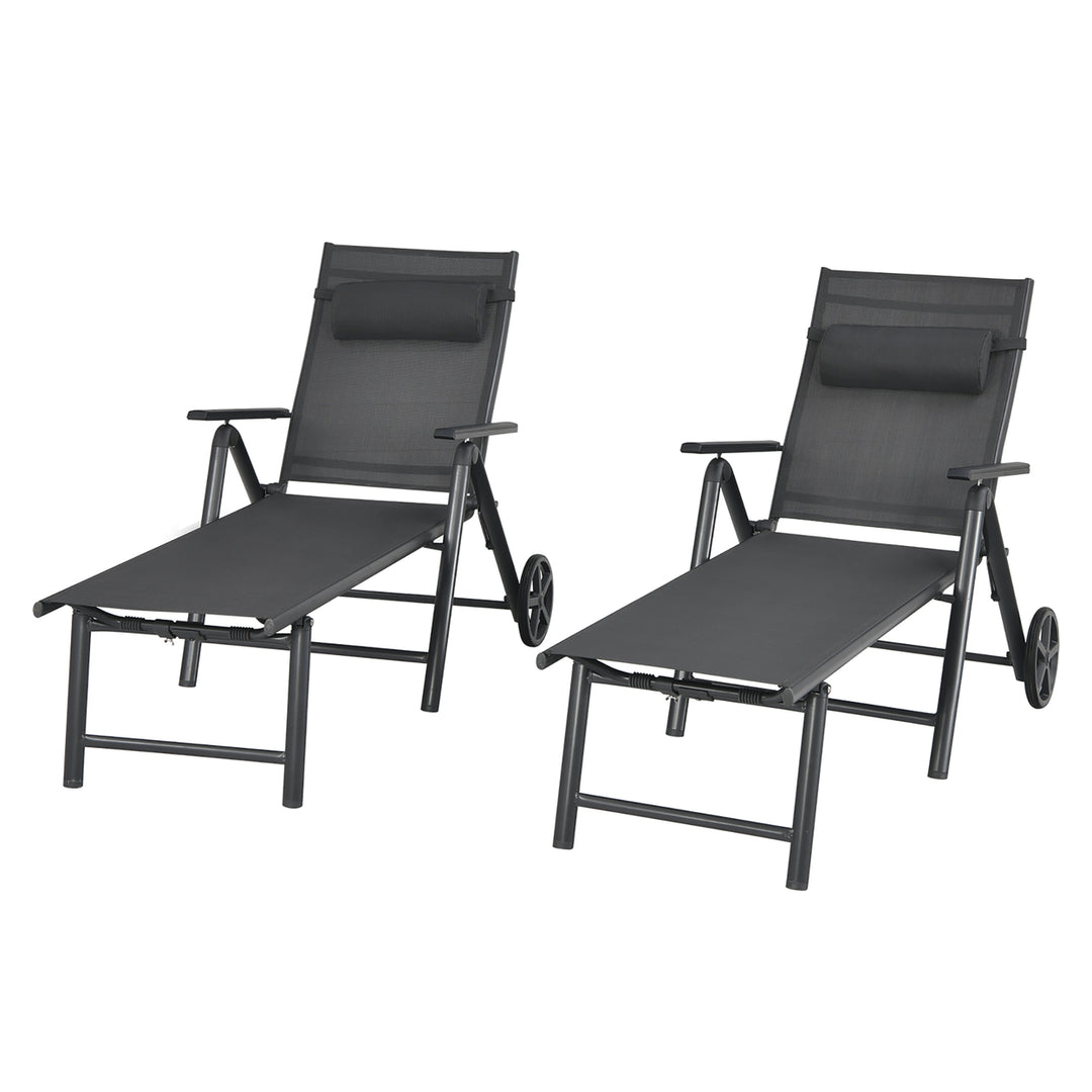 2PCS Patio Lounge Chair W/ Wheels Neck Pillow Aluminum Frame Adjustable Image 4