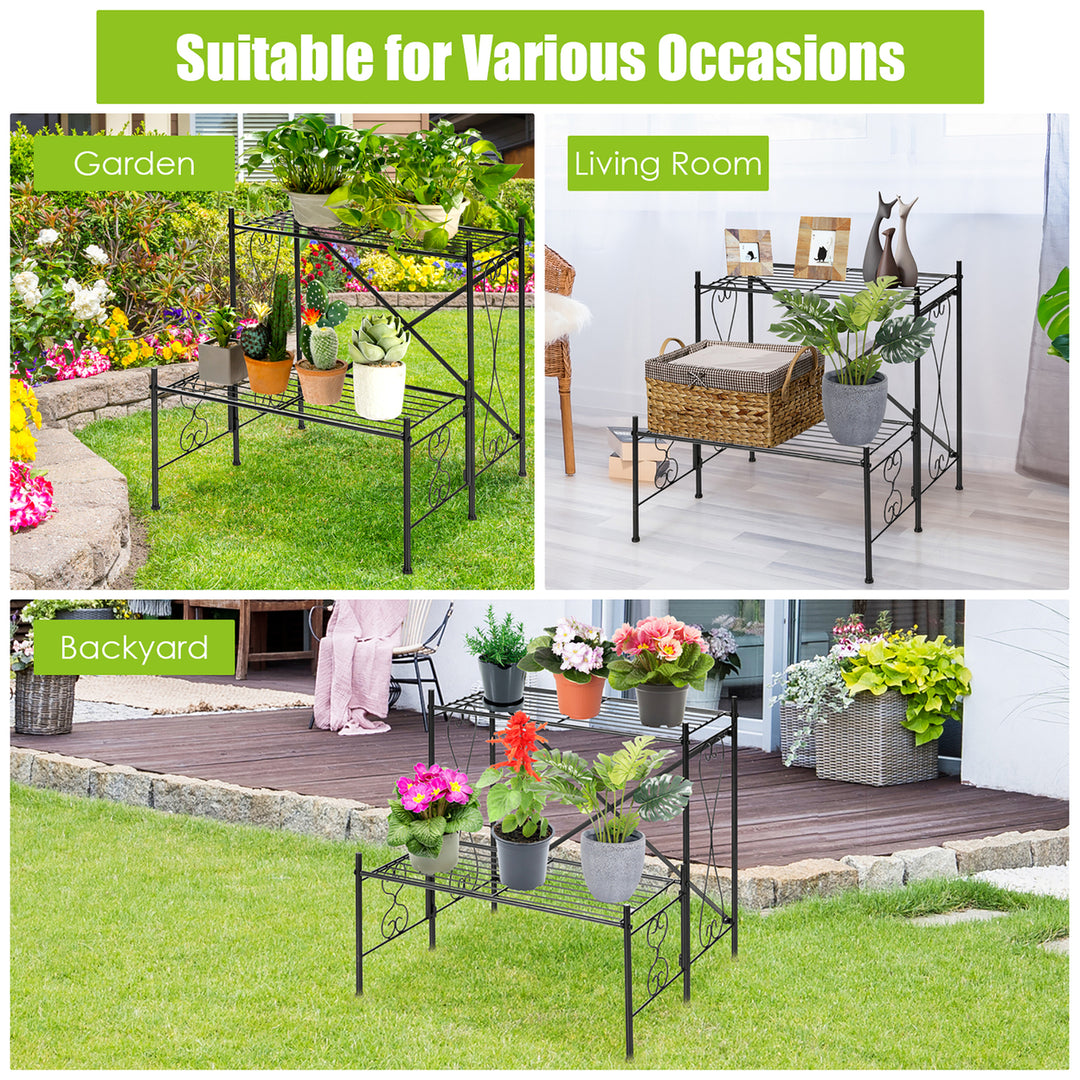 2-Tier Metal Plant Stand Garden Shelf Decorative Plant Rack Patio Garden Image 3