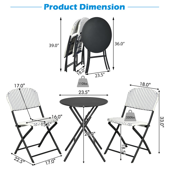 3PCS Patio Rattan Bistro Set Folding Table Chairs Garden Deck Image 4