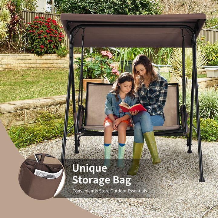 2 Seat Patio Porch Swing with Adjustable Canopy Storage Pockets Brown Image 4